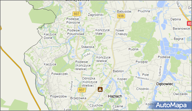 mapa Kończyce Wielkie, Kończyce Wielkie na mapie Targeo