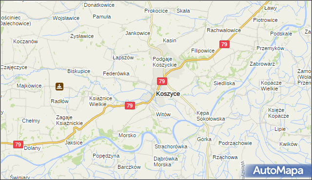 mapa Koszyce powiat proszowicki, Koszyce powiat proszowicki na mapie Targeo