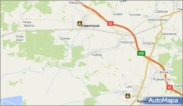 mapa Koźlice gmina Gaworzyce, Koźlice gmina Gaworzyce na mapie Targeo