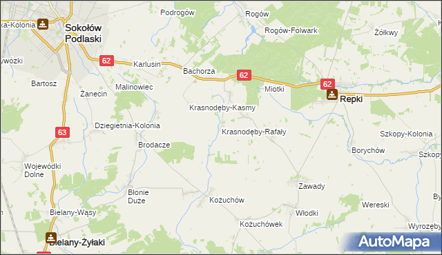 mapa Krasnodęby-Rafały, Krasnodęby-Rafały na mapie Targeo