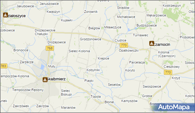 mapa Krępice gmina Skalbmierz, Krępice gmina Skalbmierz na mapie Targeo