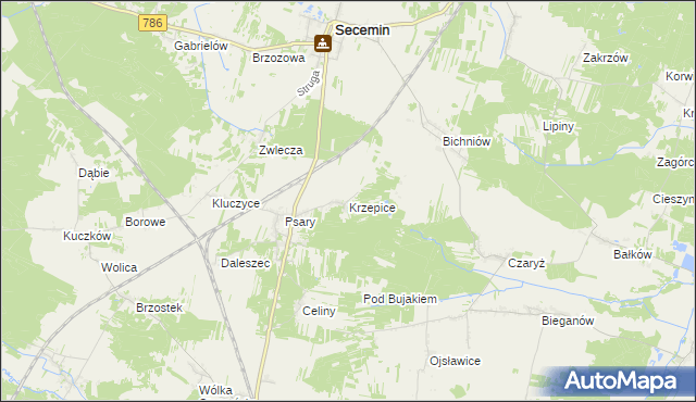 mapa Krzepice gmina Secemin, Krzepice gmina Secemin na mapie Targeo