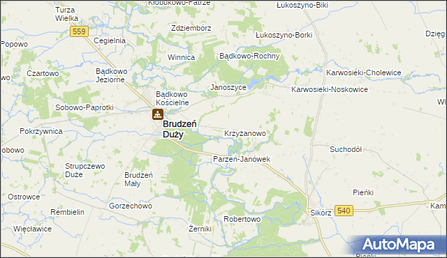 mapa Krzyżanowo gmina Brudzeń Duży, Krzyżanowo gmina Brudzeń Duży na mapie Targeo