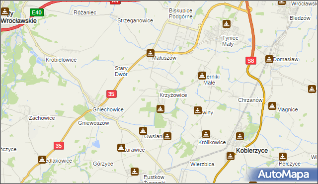 mapa Krzyżowice gmina Kobierzyce, Krzyżowice gmina Kobierzyce na mapie Targeo