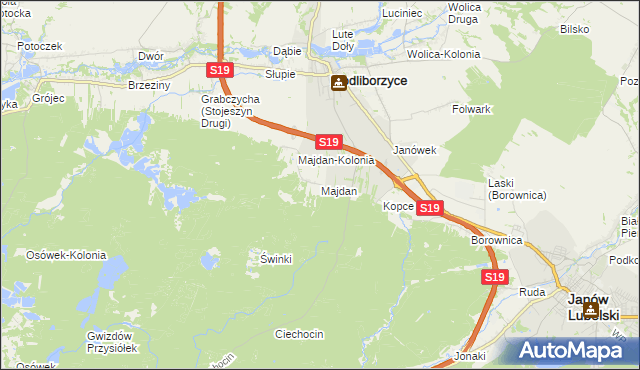 mapa Majdan gmina Modliborzyce, Majdan gmina Modliborzyce na mapie Targeo