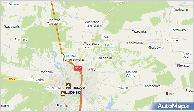 mapa Majdanek gmina Tomaszów Lubelski, Majdanek gmina Tomaszów Lubelski na mapie Targeo