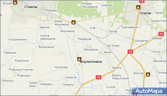 mapa Mikułowice gmina Wojciechowice, Mikułowice gmina Wojciechowice na mapie Targeo