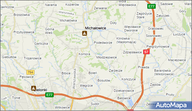 mapa Młodziejowice gmina Michałowice, Młodziejowice gmina Michałowice na mapie Targeo