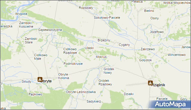 mapa Mokrus gmina Obryte, Mokrus gmina Obryte na mapie Targeo
