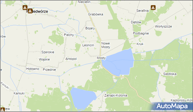 mapa Mosty gmina Podedwórze, Mosty gmina Podedwórze na mapie Targeo