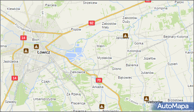 mapa Mysłaków gmina Nieborów, Mysłaków gmina Nieborów na mapie Targeo