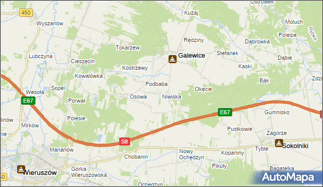 mapa Niwiska gmina Galewice, Niwiska gmina Galewice na mapie Targeo