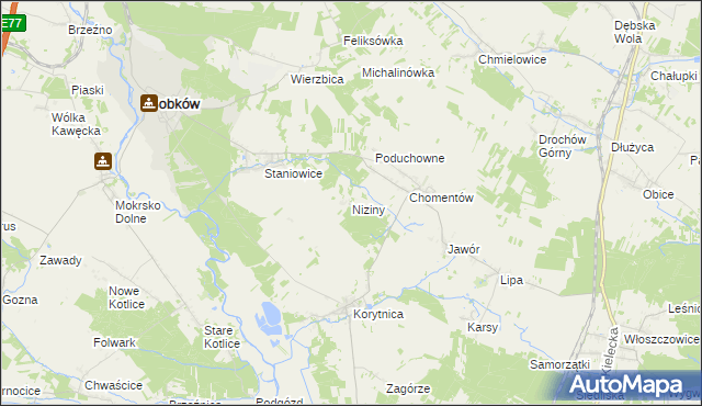 mapa Niziny gmina Sobków, Niziny gmina Sobków na mapie Targeo
