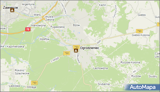 mapa Ogrodzieniec powiat zawierciański, Ogrodzieniec powiat zawierciański na mapie Targeo