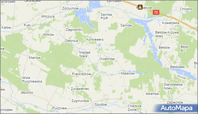 mapa Orzechów gmina Lutomiersk, Orzechów gmina Lutomiersk na mapie Targeo