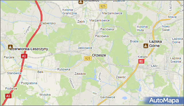 mapa Orzesze powiat mikołowski, Orzesze powiat mikołowski na mapie Targeo