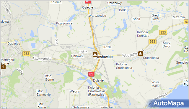 mapa Pawłowice powiat pszczyński, Pawłowice powiat pszczyński na mapie Targeo