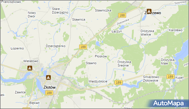 mapa Płosków gmina Złotów, Płosków gmina Złotów na mapie Targeo