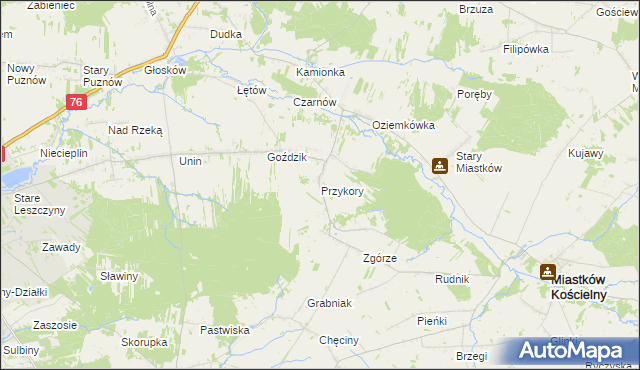 mapa Przykory gmina Miastków Kościelny, Przykory gmina Miastków Kościelny na mapie Targeo