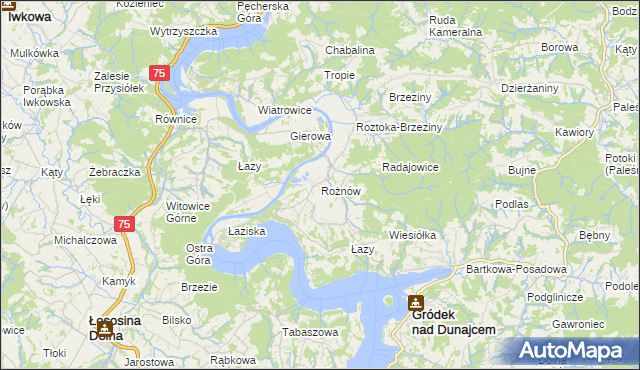 mapa Rożnów gmina Gródek nad Dunajcem, Rożnów gmina Gródek nad Dunajcem na mapie Targeo