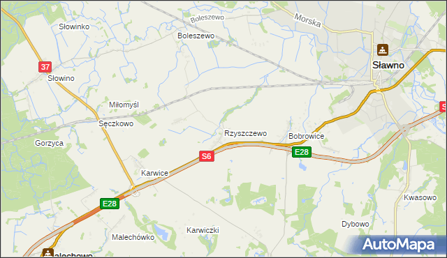 mapa Rzyszczewo gmina Sławno, Rzyszczewo gmina Sławno na mapie Targeo