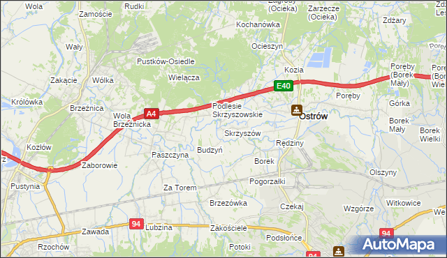 mapa Skrzyszów gmina Ostrów, Skrzyszów gmina Ostrów na mapie Targeo