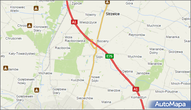 mapa Sójki gmina Strzelce, Sójki gmina Strzelce na mapie Targeo