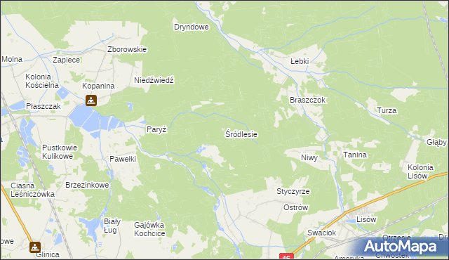 mapa Śródlesie gmina Kochanowice, Śródlesie gmina Kochanowice na mapie Targeo