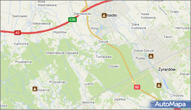 mapa Tomaszew gmina Wiskitki, Tomaszew gmina Wiskitki na mapie Targeo