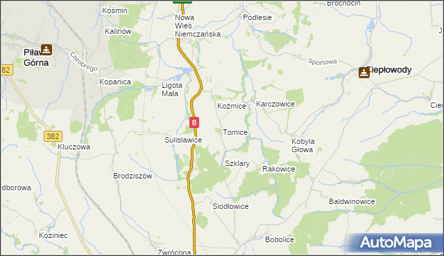 mapa Tomice gmina Ciepłowody, Tomice gmina Ciepłowody na mapie Targeo