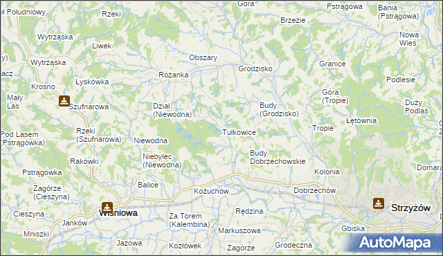 mapa Tułkowice gmina Wiśniowa, Tułkowice gmina Wiśniowa na mapie Targeo