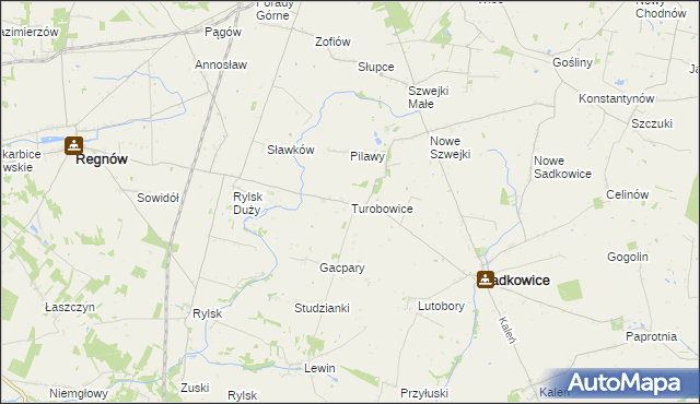 mapa Turobowice gmina Sadkowice, Turobowice gmina Sadkowice na mapie Targeo