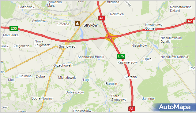 mapa Warszewice gmina Stryków, Warszewice gmina Stryków na mapie Targeo