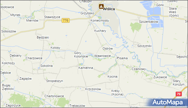 mapa Wawrowice gmina Wiślica, Wawrowice gmina Wiślica na mapie Targeo
