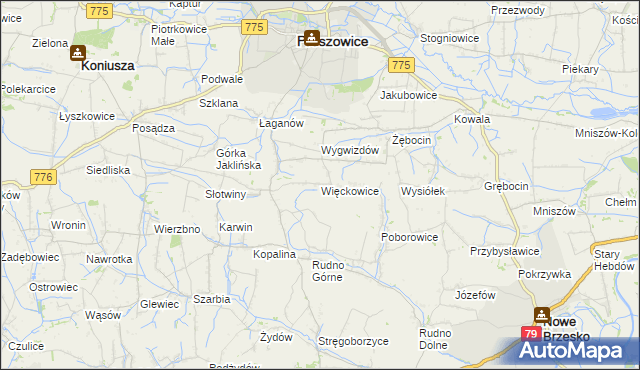 mapa Więckowice gmina Proszowice, Więckowice gmina Proszowice na mapie Targeo
