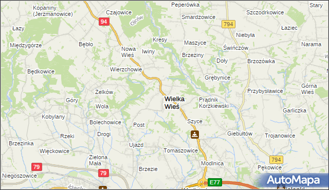 mapa Wielka Wieś powiat krakowski, Wielka Wieś powiat krakowski na mapie Targeo