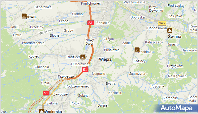 mapa Wieprz gmina Radziechowy-Wieprz, Wieprz gmina Radziechowy-Wieprz na mapie Targeo