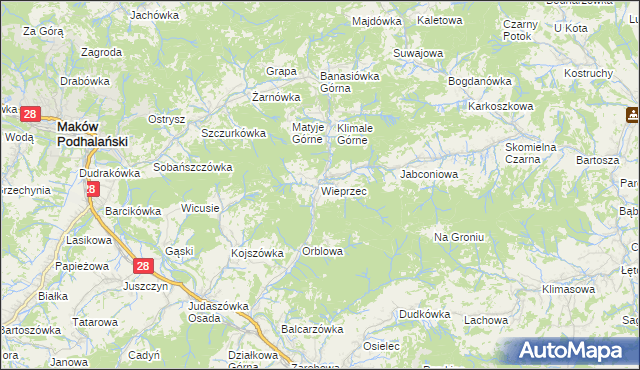 mapa Wieprzec gmina Maków Podhalański, Wieprzec gmina Maków Podhalański na mapie Targeo