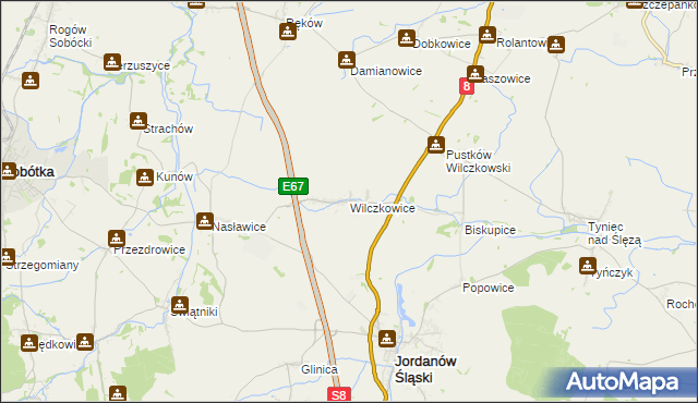 mapa Wilczkowice gmina Jordanów Śląski, Wilczkowice gmina Jordanów Śląski na mapie Targeo