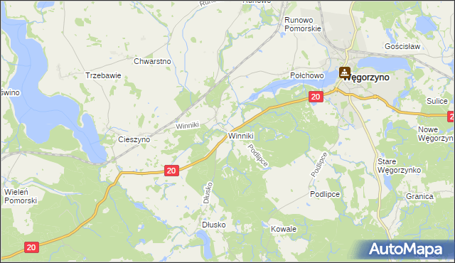 mapa Winniki gmina Węgorzyno, Winniki gmina Węgorzyno na mapie Targeo