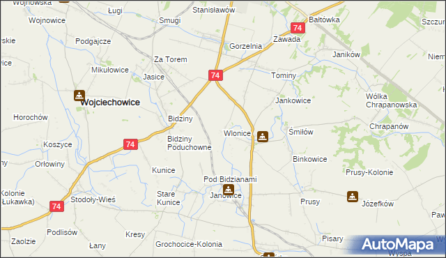 mapa Wlonice gmina Wojciechowice, Wlonice gmina Wojciechowice na mapie Targeo