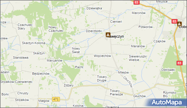 mapa Wojciechów gmina Kawęczyn, Wojciechów gmina Kawęczyn na mapie Targeo