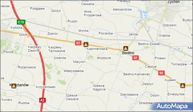 mapa Wojszyce gmina Bedlno, Wojszyce gmina Bedlno na mapie Targeo