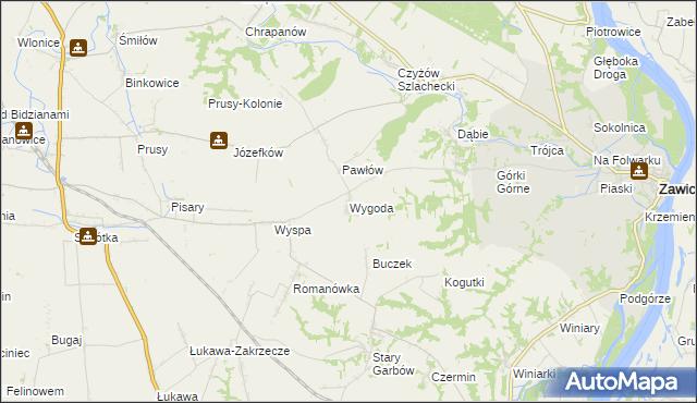 mapa Wygoda gmina Zawichost, Wygoda gmina Zawichost na mapie Targeo
