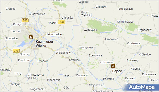 mapa Wymysłów gmina Kazimierza Wielka, Wymysłów gmina Kazimierza Wielka na mapie Targeo