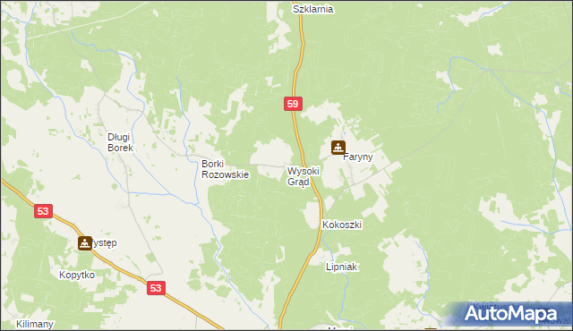 mapa Wysoki Grąd gmina Rozogi, Wysoki Grąd gmina Rozogi na mapie Targeo