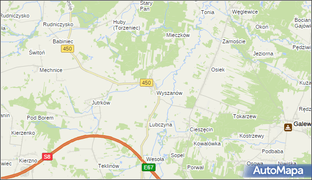 mapa Wyszanów gmina Wieruszów, Wyszanów gmina Wieruszów na mapie Targeo