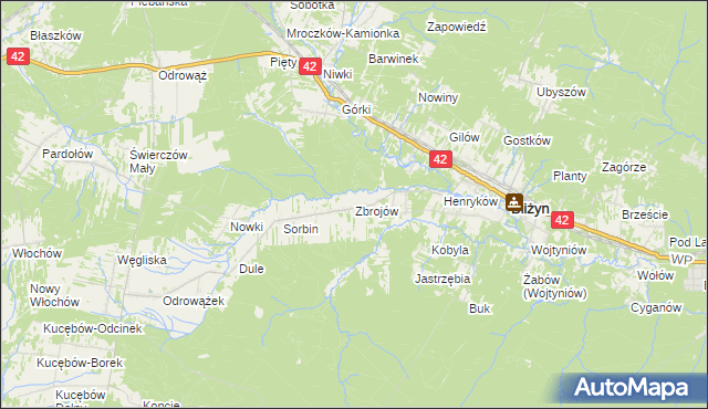 mapa Zbrojów gmina Bliżyn, Zbrojów gmina Bliżyn na mapie Targeo