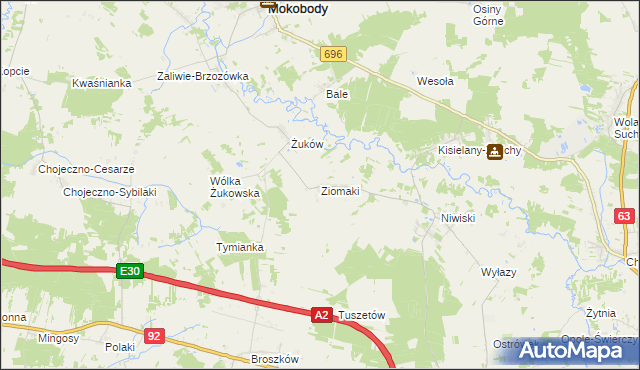 mapa Ziomaki gmina Mokobody, Ziomaki gmina Mokobody na mapie Targeo