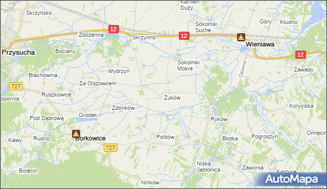 mapa Żuków gmina Wieniawa, Żuków gmina Wieniawa na mapie Targeo